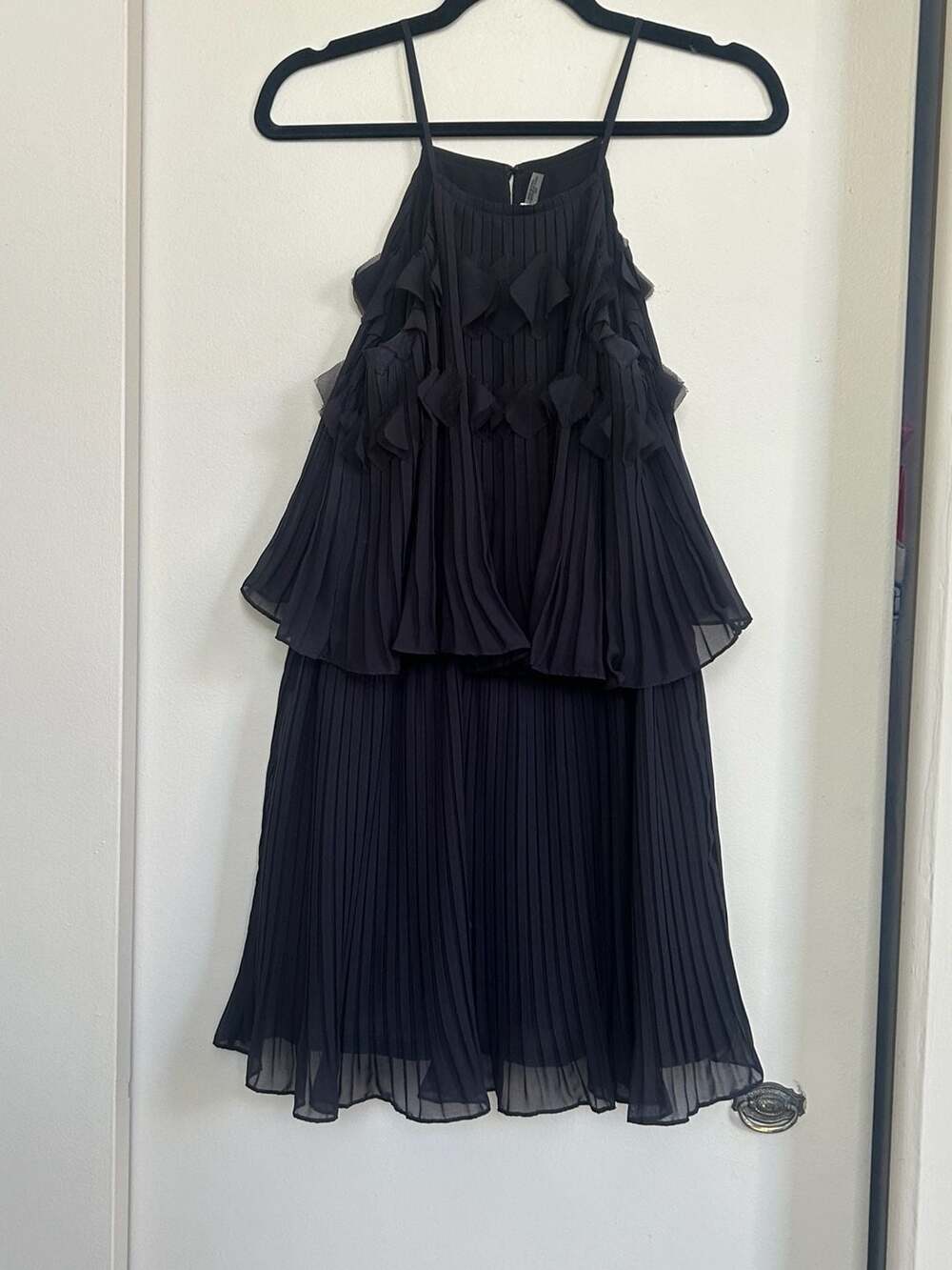 Ramy Brook Black Halter Tiered Ruffled Plisse Mini Dress